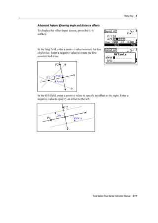 Total Station Nivo Series Instruction Manual 107
Menu Key 5
Advanced feature: Entering angle and distance offsets
To display the offset input screen, press the O/S
softkey.
In the Ang field, enter a positive value to rotate the line
clockwise. Enter a negative value to rotate the line
counterclockwise.
In the O/S field, enter a positive value to specify an offset to the right. Enter a
negative value to specify an offset to the left.
 
