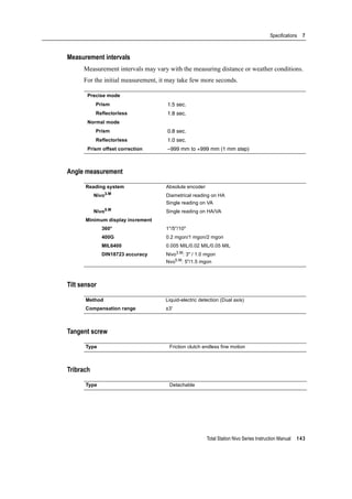 Total Station Nivo Series Instruction Manual 143
Specifications 7
Measurement intervals
Measurement intervals may vary with the measuring distance or weather conditions.
For the initial measurement, it may take few more seconds.
Angle measurement
Tilt sensor
Tangent screw
Tribrach
Precise mode
Prism 1.5 sec.
Reflectorless 1.8 sec.
Normal mode
Prism 0.8 sec.
Reflectorless 1.0 sec.
Prism offset correction –999 mm to +999 mm (1 mm step)
Reading system Absolute encoder
Nivo3.M
Diametrical reading on HA
Single reading on VA
Nivo5.M
Single reading on HA/VA
Minimum display increment
360° 1''/5''/10"
400G 0.2 mgon/1 mgon/2 mgon
MIL6400 0.005 MIL/0.02 MIL/0.05 MIL
DIN18723 accuracy Nivo3.M: 3" / 1.0 mgon
Nvo5.M: 5"/1.5 mgon
Method Liquid-electric detection (Dual axis)
Compensation range ±3'
Type Friction clutch endless fine motion
Type Detachable
 