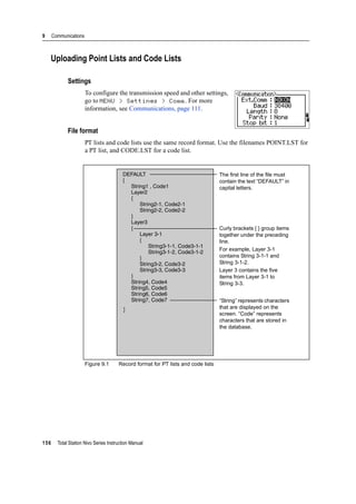 9 Communications
156 Total Station Nivo Series Instruction Manual
Uploading Point Lists and Code Lists
Settings
To configure the transmission speed and other settings,
go to MENU > Settings > Comm. For more
information, see Communications, page 111.
File format
PT lists and code lists use the same record format. Use the filenames POINT.LST for
a PT list, and CODE.LST for a code list.
Figure 9.1 Record format for PT lists and code lists
DEFAULT
{
String1 , Code1
Layer2
{
String2-1, Code2-1
String2-2, Code2-2
}
Layer3
{
Layer 3-1
{
String3-1-1, Code3-1-1
String3-1-2, Code3-1-2
}
String3-2, Code3-2
String3-3, Code3-3
}
String4, Code4
String5, Code5
String6, Code6
String7, Code7
}
The first line of the file must
contain the text “DEFAULT” in
capital letters.
Curly brackets { } group items
together under the preceding
line.
For example, Layer 3-1
contains String 3-1-1 and
String 3-1-2.
Layer 3 contains the five
items from Layer 3-1 to
String 3-3.
“String” represents characters
that are displayed on the
screen. “Code” represents
characters that are stored in
the database.
 