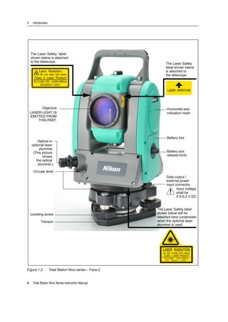 1 Introduction
4 Total Station Nivo Series Instruction Manual
Figure 1.2 Total Station Nivo series – Face-2
Horizontal axis
indication mark
Objective
Battery box
The Laser Safety label
shown below is attached
to the telescope.
LASER LIGHT IS
EMITTED FROM
THIS PART.
Data output /
external power
input connector
Input voltage
shall be
Circular level
Battery box
The Laser Safety
label shown below
is attached to
.
the telescope.
release knob
Leveling screw
Tribrach
The Laser Safety label
shown below will be
attached here (underside)
when the optional laser
plummet is used.
Optical or
optional laser
plummet
(This picture
shows
the optical
plummet.)
4.5-5.2 V DC
 