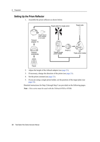 2 Preparation
20 Total Station Nivo Series Instruction Manual
Setting Up the Prism Reflector
1. Assemble the prism reflector as shown below.
2. Adjust the height of the tribrach adaptor (see page 21).
3. If necessary, change the direction of the prism (see page 21).
4. Set the prism constant (see page 21).
5. If you are using a single prism holder, set the position of the target plate (see
page 22).
Detailed instructions for Step 2 through Step 5 are provided on the following pages.
Note – Nivo series must be used with the Tribrach W30 or W30b.
Tribrach
Tribrach
Tripod
Target plate for single prism
Tiltable single
prism holder
Prism C
Target pole
Triple prism holder
Height adjust-
ment adapter
is not used.
W30/W30b
adapter 15
 