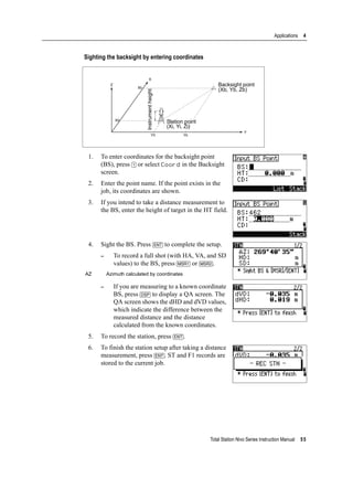 Total Station Nivo Series Instruction Manual 55
Applications 4
Sighting the backsight by entering coordinates
1. To enter coordinates for the backsight point
(BS), press [1] or select Coord in the Backsight
screen.
2. Enter the point name. If the point exists in the
job, its coordinates are shown.
3. If you intend to take a distance measurement to
the BS, enter the height of target in the HT field.
4. Sight the BS. Press [ENT] to complete the setup.
– To record a full shot (with HA, VA, and SD
values) to the BS, press [MSR1] or [MSR2].
– If you are measuring to a known coordinate
BS, press [DSP] to display a QA screen. The
QA screen shows the dHD and dVD values,
which indicate the difference between the
measured distance and the distance
calculated from the known coordinates.
5. To record the station, press [ENT].
6. To finish the station setup after taking a distance
measurement, press [ENT]. ST and F1 records are
stored to the current job.
AZ Azimuth calculated by coordinates
Z
Y
X0
X
Xb
Y0 Yb
Backsight point
(Xb, Yb, Zb)
Station point
(Xi, Yi, Zi)
Instrumentheight
 