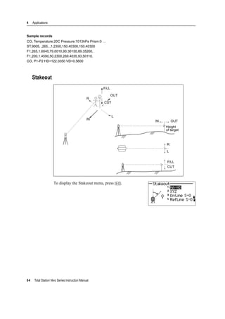4 Applications
64 Total Station Nivo Series Instruction Manual
Sample records
CO, Temperature:20C Pressure:1013hPa Prism:0 …
ST,9005, ,265, ,1.2350,150.40300,150.40300
F1,265,1.6040,79.0010,90.30150,89.35260,
F1,200,1.4590,50.2300,269.4035,93.50110,
CO, P1-P2 HD=122.0350 VD=0.5600
Stakeout
To display the Stakeout menu, press [S-O].
R
IN
L
OUT
CUT
FiLL
IN OUT
Height
of target
R
L
FILL
CUT
 