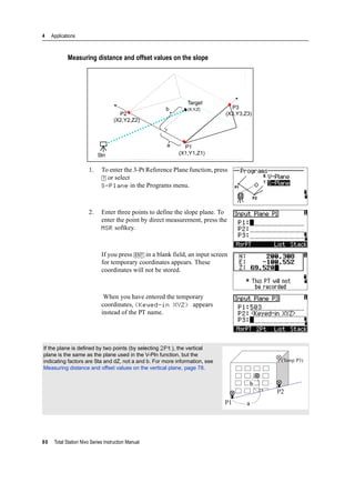 4 Applications
80 Total Station Nivo Series Instruction Manual
Measuring distance and offset values on the slope
1. To enter the 3-Pt Reference Plane function, press
[7] or select
S-Plane in the Programs menu.
2. Enter three points to define the slope plane. To
enter the point by direct measurement, press the
MSR softkey.
If you press [ENT] in a blank field, an input screen
for temporary coordinates appears. These
coordinates will not be stored.
When you have entered the temporary
coordinates, <Keyed-in XYZ> appears
instead of the PT name.
If the plane is defined by two points (by selecting 2Pt), the vertical
plane is the same as the plane used in the V-Pln function, but the
indicating factors are Sta and dZ, not a and b. For more information, see
Measuring distance and offset values on the vertical plane, page 78.
Stn
P2
(X2,Y2,Z2)
P1
(X1,Y1,Z1)
P3
(X3,Y3,Z3)
Target
(X,Y,Z)b
a
 