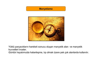 Manyetizma Yüklü parçacıkların hareketi sonucu oluşan manyetik alan  ve manyetik  kuvvetleri inceler. Günlük hayatımızda haberleşme, tıp olmak üzere pek çok alanlarda kullanılır. 