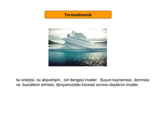 Termodinamik Isı enerjisi, ısı alışverişini , ısıl dengeyi inceler.  Suyun kaynaması, donması  ve  buzulların erimesi, dünyamızdaki küresel ısınma olaylarını inceler. 
