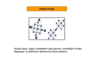 Katıhal Fiziği Kristal yapılı, yoğun maddelerin bağ yapısını, esnekliğini inceler. Bilgisayar ve elektronik alanlarında sıkça kullanılır. 