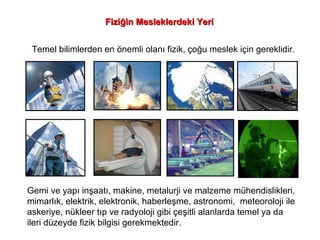 Fiziğin Mesleklerdeki Yeri Temel bilimlerden en önemli olanı fizik, çoğu meslek için gereklidir. Gemi ve yapı inşaatı, makine, metalurji ve malzeme mühendislikleri, mimarlık, elektrik, elektronik, haberleşme, astronomi,  meteoroloji ile askeriye, nükleer tıp ve radyoloji gibi çeşitli alanlarda temel ya da ileri düzeyde fizik bilgisi gerekmektedir. 