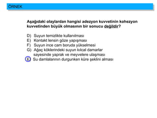 Aşağıdaki olaylardan hangisi adezyon kuvvetinin kohezyon  kuvvetinden büyük olmasının bir sonucu  değildir ?   Suyun temizlikte kullanılması Kontakt lensin göze yapışması Suyun ince cam boruda yükselmesi Ağaç köklerindeki suyun kılcal damarlar  sayesinde yaprak ve meyvelere ulaşması E)  Su damlalarının durgunken küre şeklini alması ÖRNEK 