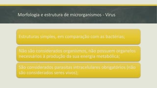 Morfologia e estrutura de microrganismos - Vírus
Estruturas simples, em comparação com as bactérias;
Não são considerados organismos, não possuem organelos
necessários à produção da sua energia metabólica;
São considerados parasitas intracelulares obrigatórios (não
são considerados seres vivos);
 