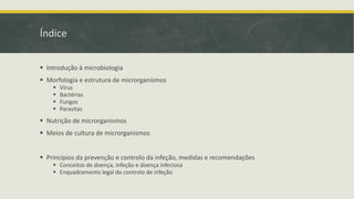 Índice
▪ Introdução à microbiologia
▪ Morfologia e estrutura de microrganismos
▪ Vírus
▪ Bactérias
▪ Fungos
▪ Parasitas
▪ Nutrição de microrganismos
▪ Meios de cultura de microrganismos
▪ Princípios da prevenção e controlo da infeção, medidas e recomendações
▪ Conceitos de doença, infeção e doença infeciosa
▪ Enquadramento legal do controlo de infeção
 