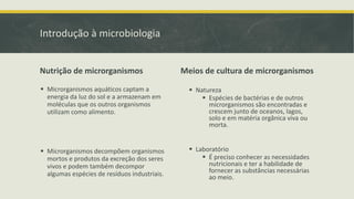 Introdução à microbiologia
Nutrição de microrganismos
▪ Natureza
▪ Espécies de bactérias e de outros
microrganismos são encontradas e
crescem junto de oceanos, lagos,
solo e em matéria orgânica viva ou
morta.
▪ Laboratório
▪ É preciso conhecer as necessidades
nutricionais e ter a habilidade de
fornecer as substâncias necessárias
ao meio.
Meios de cultura de microrganismos
▪ Microrganismos aquáticos captam a
energia da luz do sol e a armazenam em
moléculas que os outros organismos
utilizam como alimento.
▪ Microrganismos decompõem organismos
mortos e produtos da excreção dos seres
vivos e podem também decompor
algumas espécies de resíduos industriais.
 