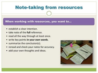 Note-taking from resources
When working with resources, you want to...
• establish a clear intention.
• take note of the full reference.
• read all the way through at least once.
• write key points in your own words.
• summarize the conclusion(s).
• reread and check your notes for accuracy.
• add your own thoughts and ideas.
 