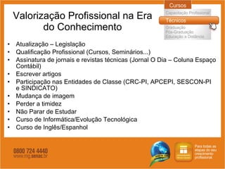 Valorização Profissional na Era do Conhecimento Atualização – Legislação Qualificação Profissional (Cursos, Seminários...) Assinatura de jornais e revistas técnicas (Jornal O Dia – Coluna Espaço Contábil) Escrever artigos Participação nas Entidades de Classe (CRC-PI, APCEPI, SESCON-PI  e SINDICATO) Mudança de imagem Perder a timidez Não Parar de Estudar Curso de Informática/Evolução Tecnológica Curso de Inglês/Espanhol 