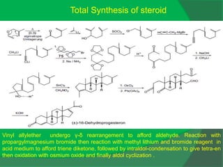 Total Synthesis of steroid
Vinyl allylether undergo γ-δ rearrangement to afford aldehyde. Reaction with
propargylmagnesium bromide then reaction with methyl lithium and bromide reagent in
acid medium to afford triene diketone, followed by intraldol-condensation to give tetra-en
then oxidation with osmium oxide and finally aldol cyclization .
 