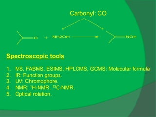 Carbonyl: CO
O NH2OH NOH
Spectroscopic tools
1. MS, FABMS, ESIMS, HPLCMS, GCMS: Molecular formula
2. IR: Function groups.
3. UV: Chromophore.
4. NMR: 1H-NMR, 13C-NMR.
5. Optical rotation.
 