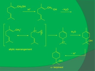 CH2
+
C+ C
H
2
CH2OH
H+
CH2
OH - H2O
C+
H2O
OH
H+
OH
-
allylic rearrangement
- terpineol
 