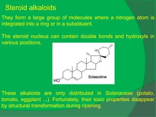 They form a large group of molecules where a nitrogen atom is
integrated into a ring or in a substituent.
The steroid nucleus can contain double bonds and hydroxyls in
various positions.
Steroid alkaloids
These alkaloids are only distributed in Solanaceae (potato,
tomato, eggplant ...). Fortunately, their toxic properties disappear
by structural transformation during ripening.
 