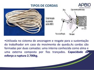 TIPOS DE CORDAS
•Utilizada no sistema de ancoragem e resgate para a sustentação
do trabalhador em caso do movimento de queda.As cordas são
formadas por duas camadas: uma interna conhecida como alma e
uma externa composta por fios trançados. Capacidade de
esforço a ruptura 2.700kg.
 
