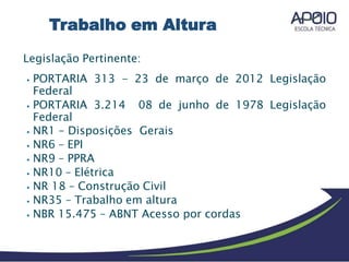 Legislação Pertinente:
⦁ PORTARIA 313 - 23 de março de 2012 Legislação
Federal
⦁ PORTARIA 3.214 08 de junho de 1978 Legislação
Federal
⦁ NR1 – Disposições Gerais
⦁ NR6 – EPI
⦁ NR9 – PPRA
⦁ NR10 – Elétrica
⦁ NR 18 – Construção Civil
⦁ NR35 – Trabalho em altura
⦁ NBR 15.475 – ABNT Acesso por cordas
Trabalho em Altura
 