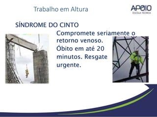 SÍNDROME DO CINTO
Compromete seriamente o
retorno venoso.
Óbito em até 20
minutos. Resgate
urgente.
Trabalho em Altura
 