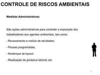 13
Medidas Administrativas:
São ações administrativas para controlar a exposição dos
trabalhadores aos agentes ambientais, tais como:
- Revezamento e rodízio de atividades;
- Pausas programadas;
- Mudanças de layout;
- Realização de ginástica laboral; etc.
CONTROLE DE RISCOS AMBIENTAIS
 