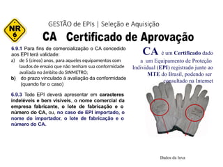 Dados da luva
GESTÃO de EPIs | Seleção e Aquisição
6
6.9.1 Para fins de comercialização o CA concedido
aos EPI terá validade:
a) de 5 (cinco) anos, para aqueles equipamentos com
laudos de ensaio que não tenham sua conformidade
avaliada no âmbito do SINMETRO;
b) do prazo vinculado à avaliação da conformidade
(quando for o caso)
6.9.3 Todo EPI deverá apresentar em caracteres
indeléveis e bem visíveis, o nome comercial da
empresa fabricante, o lote de fabricação e o
número do CA, ou, no caso de EPI importado, o
nome do importador, o lote de fabricação e o
número do CA.
CA é um Certificado dado
a um Equipamento de Proteção
Individual (EPI) registrado junto ao
MTE do Brasil, podendo ser
consultado na Internet
 