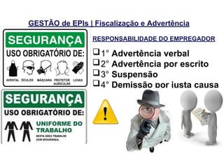 GESTÃO de EPIs | Fiscalização e Advertência
RESPONSABILIDADE DO EMPREGADOR
1° Advertência verbal
2° Advertência por escrito
3° Suspensão
4° Demissão por justa causa
 