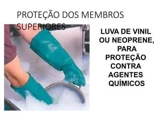 LUVA DE VINIL
OU NEOPRENE,
PARA
PROTEÇÃO
CONTRA
AGENTES
QUÍMICOS
PROTEÇÃO DOS MEMBROS
SUPERIORES
 