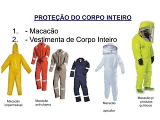PROTEÇÃO DO CORPO INTEIRO
1. - Macacão
2. - Vestimenta de Corpo Inteiro
Macacão
anti-chama
Macacão
impermeável
Macacão
apicultor
Macacão p/
produtos
químicos
 