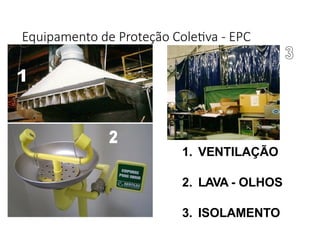 Equipamento de Proteção Coletiva - EPC
1. VENTILAÇÃO
2. LAVA - OLHOS
3. ISOLAMENTO
 