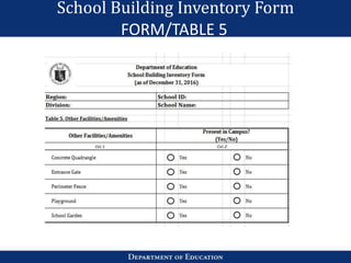School Building Inventory Form
FORM/TABLE 5
 