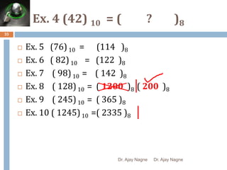 Ex. 4 (42) 𝟏𝟎 = ( ? )8
33
 Ex. 5 (76)10 = (114 )8
 Ex. 6 ( 82)10 = (122 )8
 Ex. 7 ( 98)10 = ( 142 )8
 Ex. 8 ( 128)10 = ( 1200 )8 ( 200 )8
 Ex. 9 ( 245)10 = ( 365 )8
 Ex. 10 ( 1245)10 =( 2335 )8
Dr. Ajay Nagne Dr. Ajay Nagne
 