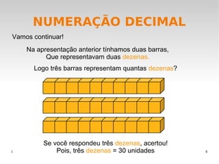 1 8
NUMERAÇÃO DECIMAL
Vamos continuar!
Na apresentação anterior tínhamos duas barras,
Que representavam duas dezenas.
Logo três barras representam quantas dezenas?
Se você respondeu três dezenas, acertou!
Pois, três dezenas = 30 unidades
 