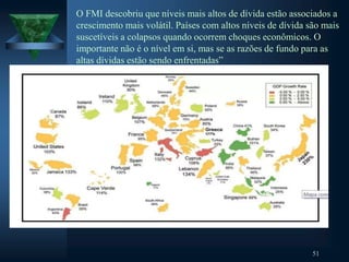 O FMI descobriu que níveis mais altos de dívida estão associados a
crescimento mais volátil. Países com altos níveis de dívida são mais
suscetíveis a colapsos quando ocorrem choques econômicos. O
importante não é o nível em si, mas se as razões de fundo para as
altas dívidas estão sendo enfrentadas”
51
 