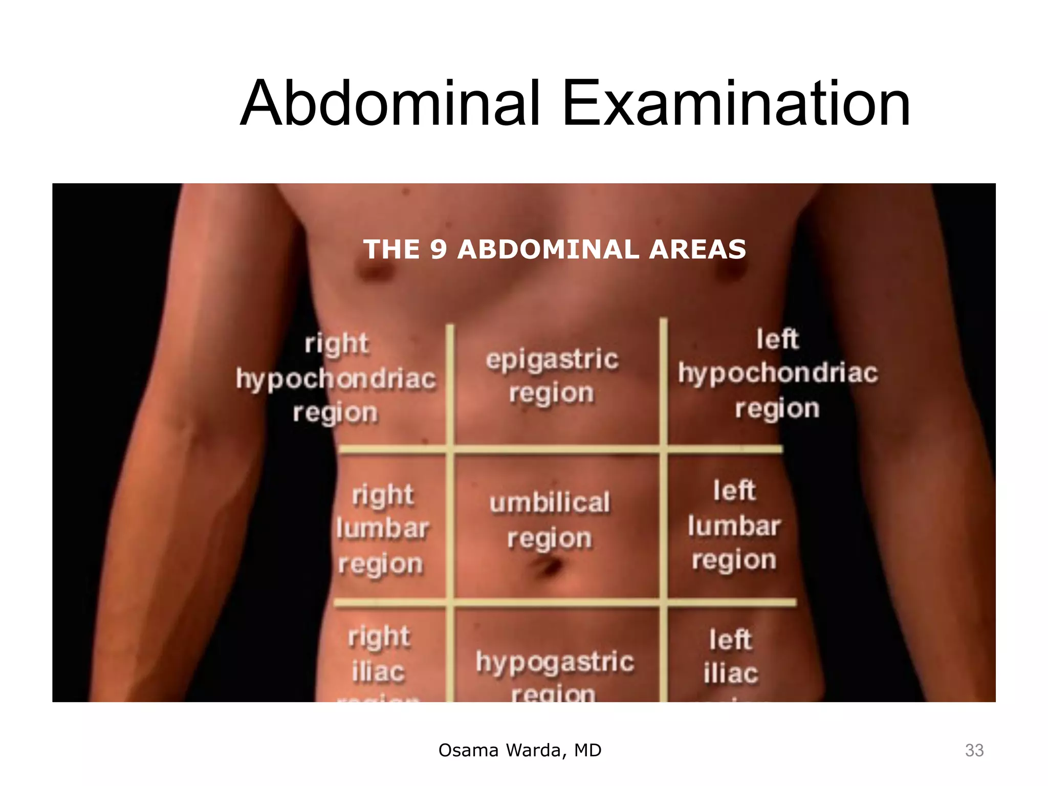 Abdominal Examination
Osama Warda, MD
THE 9 ABDOMINAL AREAS
33
 