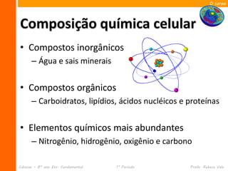 O corpo




Composição química celular
• Compostos inorgânicos
      – Água e sais minerais


• Compostos orgânicos
      – Carboidratos, lipídios, ácidos nucléicos e proteínas


• Elementos químicos mais abundantes
      – Nitrogênio, hidrogênio, oxigênio e carbono

Ciências – 8º ano Ens. Fundamental   1º Período    Profa. Rebeca Vale
 
