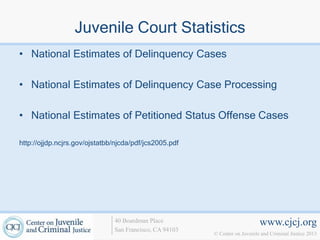 Juvenile Court Statistics
• National Estimates of Delinquency Cases

• National Estimates of Delinquency Case Processing

• National Estimates of Petitioned Status Offense Cases

http://ojjdp.ncjrs.gov/ojstatbb/njcda/pdf/jcs2005.pdf




                               40 Boardman Place                             www.cjcj.org
                               San Francisco, CA 94103
                                                         © Center on Juvenile and Criminal Justice 2013
 