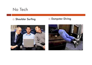 No Tech
Shoulder Surfing

Dumpster Diving

 