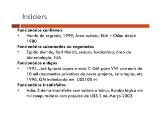 Insiders 
Funcionários confiáveis 
• Venda de segredo, 1999, Área nuclear, EUA – China desde 
1980 
Funcionários subornados ou enganados 
• Espião alemão, Karl Hinrich, seduziu funcionária, área de 
biotecnologia, EUA 
Funcionários antigos 
• 1993, José Ignacio Lopez e mais 7. GM para VW com mais de 
10 mil documentos privativos de novos projetos, estratégias, etc. 
1996, GM indenizada em U$S100 mi 
Funcionários insatisfeitos 
• Adm. Sistema insatisfeito com salário e bônus. Bomba lógica em 
mil computadores com prejuízo de U$S 3 mi. Março 2002. 
 