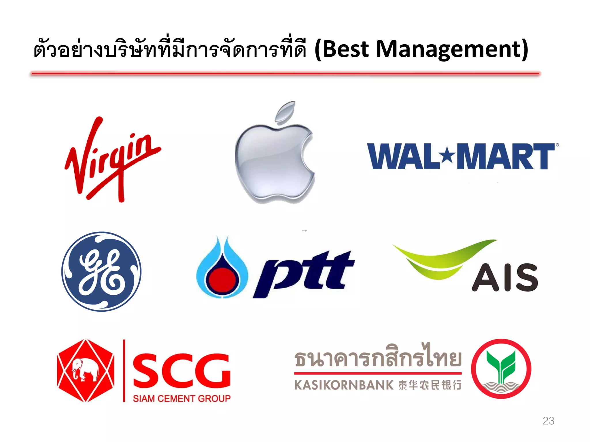 ตัวอย่ างบริษัทที่มีการจัดการที่ดี (Best Management)




                                                       23
 