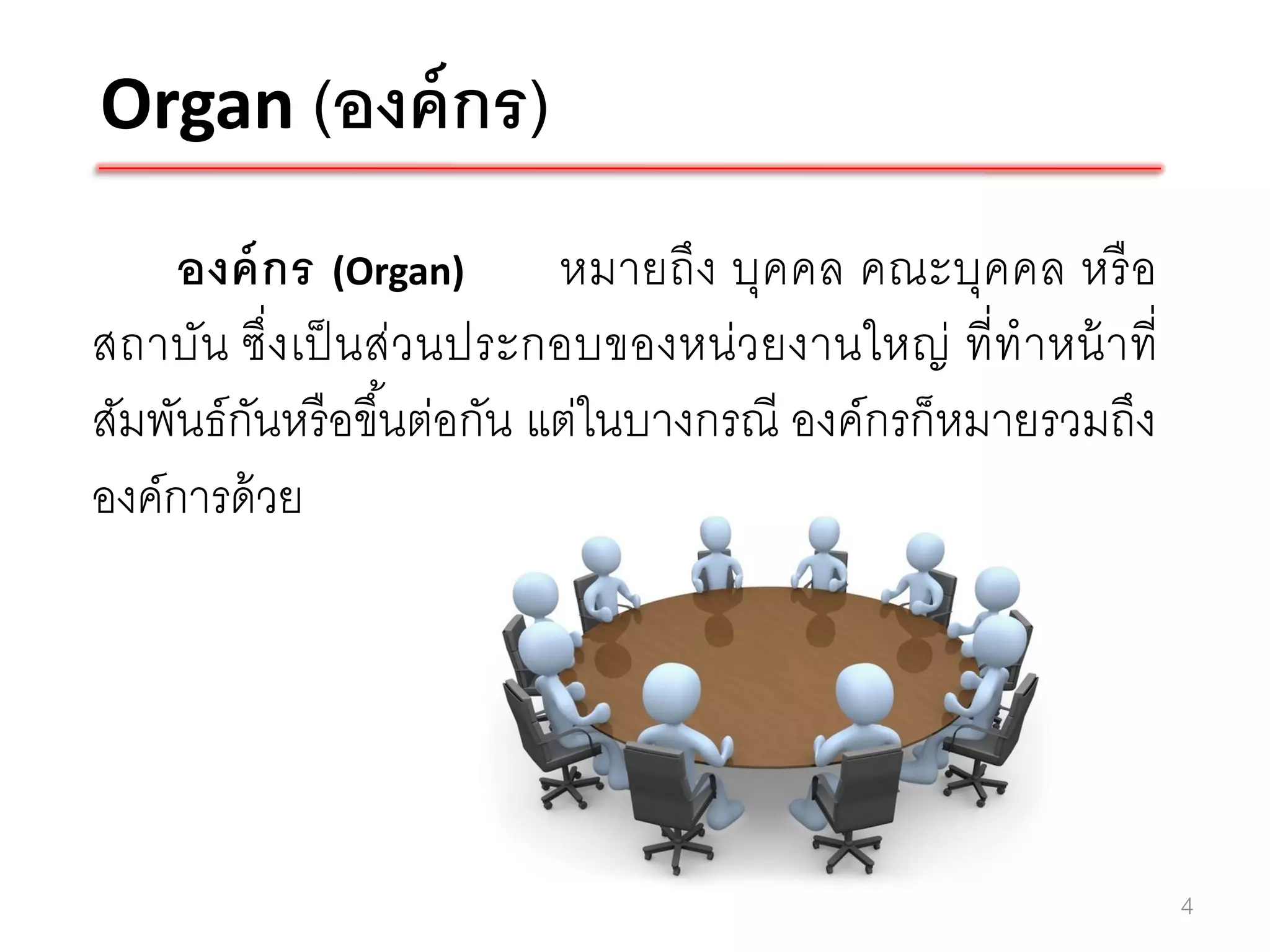 Organ (องค์ กร)

     องค์ กร (Organ) หมายถึง บุคคล คณะบุคคล หรื อ
สถาบัน ซึ่งเป็ นส่วนประกอบของหน่วยงานใหญ่ ที่ ท าหน้ า ที่
สัมพันธ์ กนหรื อขึ ้นต่อกัน แต่ในบางกรณี องค์กรก็หมายรวมถึง
          ั
องค์การด้ วย




                                                              4
 
