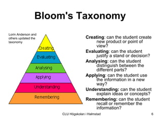 Bloom's Taxonomy
Lorin Anderson and
others updated the                 Creating: can the student create
taxonomy                                new product or point of
                                        view?
                                   Evaluating: can the student
                                        justify a stand or decision?
                                   Analysing: can the student
                                        distinguish between the
                                        different parts?
                                   Applying: can the student use
                                        the information in a new
                                        way?
                                   Understanding: can the student
                                        explain ideas or concepts?
                                   Remembering: can the student
                                        recall or remember the
                                        information?
                     CLU Högskolan i Halmstad                      6
 