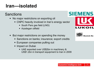 Iran—isolated  Sanctions   No major restrictions on exporting oil  CNPC heavily involved in Iran’s energy sector South Pars gas field (LNG) Azadegan oilfield  But major restrictions on spending the money  Sanctions on banks; insurance; export credits European companies pulling out Impact on Dubai  UAE exported over US$2bn in machinery & US$1.2bn in transport equipment to Iran in 2009 