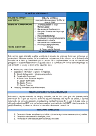 FICHA TÉCNICA DEL SERVICIO 4
NOMBRE DEL SERVICIO ¡CREA TU EMPRESA!
GRUPOMETA Jóvenes hombres y mujeres de 15 a 30
años de Edad.
REQUISITOS DE PARTICIPACIÓN 1. Jóvenes que estén en riesgo
Migratorio/social
2. Que tenga una idea de negocio,
3. Que quiera fortalecer uno negocio ya
existente
4. Disponibilidad de tiempo
5. Escolaridad mínima primaria completa
6. Nacionalidad hondureña
7. Que pertenezca al departamento
8. Poseer actitud emprendedora
TIEMPO DE EJECUCIÓN 96 horas
50 Presenciales/46 Asesoría
DESCRIPCIÓN DEL SERVICIO
Este servicio estará orientado a aplicar un sistema de creación de empresas de jóvenes en los que se
contemplaran diferentes aspectos de la formación de competencias de los mismos, con el fin incentivar la
formación de actitudes y conocimiento para la creación de su propia empresa, una de las características
principales de este sistema de formación es que se basa en el SER/PERSONA como el elemento principal de
esta formación, el servicio se divide en las siguientes fases:
 Promoción y selección de beneficiarios
 Capacitación y formación en planes de negocios
1. Módulo de Innovación y liderazgo emprendedor
2. Organización Empresarial
3. Formulación de Planes de Negocios
3.1. Estudio de Mercado
3.2. Estudio Técnico
3.3. Estudio Financiero
 Gestión y administración del financiamiento
REQUERIMIENTOS DE OPERATIVIDAD DEL SERVICIO
Este servicio, requiere manuales de trabajo y facilitación, que les sirva como guía a los jóvenes para la
elaboración de su plan de negocios, asimismo requiere materiales para impartir los talleres, y algunos
instrumentos de promoción selección, investigación y plantillas financieras. En el caso de la esta oficina se
utilizara la metodología CEFE en la cual se ha preparado al personal técnico de FUNIDE, otras herramientas de
gestión financiera y monitoreo se validaran en base a los oferentes de los servicios.
INDICADORES DE RESULTADO
1. Generados diseños, estructuras organizativas y planes de negocios de nuevas empresas juveniles.
2. Generados nuevos espacios de empleo juvenil.
3. Promovido un cambio de actitud en la juventud participante.
 