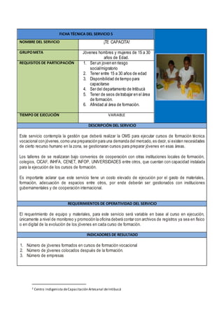 FICHA TÉCNICA DEL SERVICIO 5
NOMBRE DEL SERVICIO ¡TE CAPACITA!
GRUPOMETA Jóvenes hombres y mujeres de 15 a 30
años de Edad.
REQUISITOS DE PARTICIPACIÓN 1. Ser un joven en riesgo
social/migratorio
2. Tener entre 15 a 30 años de edad
3. Disponibilidad de tiempo para
capacitarse
4. Ser del departamento de Intibucá
5. Tener de seos de trabajar en el área
de formación.
6. Afinidad al área de formación.
TIEMPO DE EJECUCIÓN VARIABLE
DESCRIPCIÓN DEL SERVICIO
Este servicio contempla la gestión que deberá realizar la OMS para ejecutar cursos de formación técnica
vocacional con jóvenes,como una preparación para una demanda del mercado, es decir, si existen necesidades
de cierto recurso humano en la zona, se gestionaran cursos para preparar jóvenes en esas áreas.
Los talleres de se realizaran bajo convenios de cooperación con otras instituciones locales de formación,
colegios, CICAI2, INHFA, CENET, INFOP, UNIVERSIDADES entre otros, que cuentan con capacidad instalada
para la ejecución de los cursos de formación.
Es importante aclarar que este servicio tiene un costo elevado de ejecución por el gasto de materiales,
formación, adecuación de espacios entre otros, por ende deberán ser gestionados con instituciones
gubernamentales y de cooperación internacional.
REQUERIMIENTOS DE OPERATIVIDAD DEL SERVICIO
El requerimiento de equipo y materiales, para este servicio será variable en base al curso en ejecución,
únicamente a nivel de monitoreo y promoción la oficina deberá contar con archivos de registros ya sea en físico
o en digital de la evolución de los jóvenes en cada curso de formación.
INDICADORES DE RESULTADO
1. Número de jóvenes formados en cursos de formación vocacional
2. Número de jóvenes colocados después de la formación.
3. Número de empresas
2 Centro Indigenista deCapacitación Artesanal deIntibucá
 