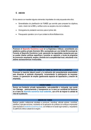 5. ANEXOS
En los anexos se muestran algunos elementos importantes de esta propuesta ente ellos:
 Generalidades de planificación de FUNIDE que servirán para comparar los objetivos,
visión, misión de la OMS y verificar como se acoplan a los de la institución.
 Cronograma de prestación servicios para el primer año
 Presupuesto operativo con el que contara la oficina Multiservicios.
OBJETIVO GENERAL DE FUNIDE EN TORNO AL APOYO DE LA JUVENTUD
Promover la inserción laboral juvenil y la motivación del comportamiento emprendedor
para dinamizar el ambiente empresarial, incrementando la participación de empresas
nuevas y la generación de empleo (gestionando espacios de capacitación y creación de
empresas).
VISIÓN FUNIDE
Somos una fundación privada representativa, auto-sostenible e incluyente, que cuenta
con liderazgo, posicionamiento y transparencia en la zona sur occidental de Honduras
en el tema de desarrollo económico local sostenible, con el fin de mejorar la calidad de
vida de la población.
MISIÓN DE FUNIDE
Realizar gestión institucional orientada a promover, incentivar, articular actores, coordinar,
planificar y ejecutar acciones, incidiendo en la aplicación de políticas con enfoque empresarial
para impulsar el desarrollo económico local, con énfasis en el sector agro-turístico y respetando
el patrimonio étnico-cultural de la región.
OBJETIVO ESTRATÉGICO DE FUNIDE
Promover el Desarrollo Económico Local en La Esperanza e Intibucá, consolidando una
plataforma publica privada (Comisión DEL) acompañada por una Unidad Bi municipal de
Fomento al Desarrollo Económico Local, generando las capacidades necesarias para que
se puedan diseñar políticas específicas y ponerlas en operación a través de programas
de promoción empresarial, empleo y fomento de la competitividad local, articulando a los
actores socioeconómicos involucrados.
 