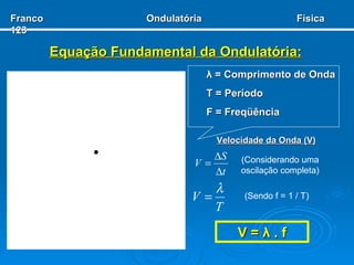 Equação Fundamental da Ondulatória: Velocidade da Onda (V) (Considerando uma oscilação completa) (Sendo f = 1 / T) V =  λ  . f λ  = Comprimento de Onda T = Período F = Freqüência Franco  Ondulatória  Física 123 