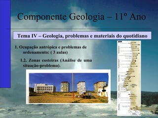 Componente Geologia – 11º Ano Tema IV – Geologia, problemas e materiais do quotidiano 1. Ocupação antrópica e problemas de ordenamento: ( 3 aulas) 1.2. Zonas costeiras (Análise de uma situação-problema). 
