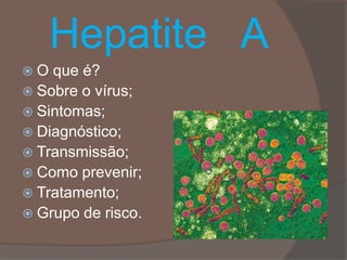Hepatite A
O  que é?
 Sobre o vírus;
 Sintomas;
 Diagnóstico;
 Transmissão;
 Como prevenir;
 Tratamento;
 Grupo de risco.
 